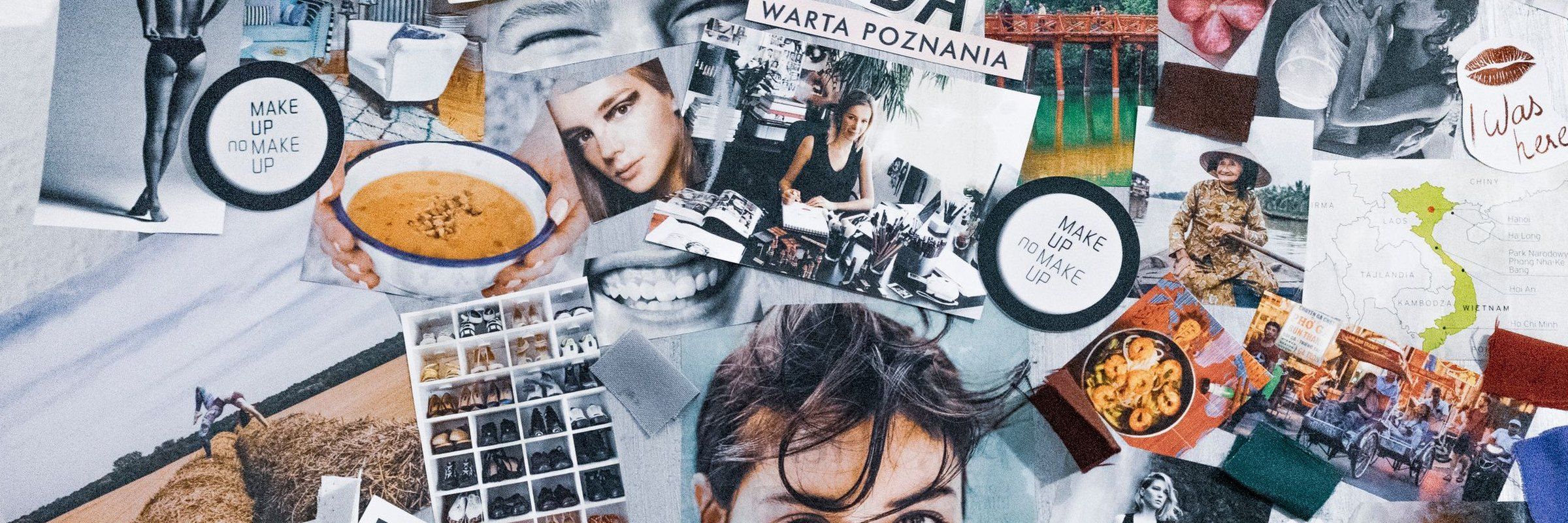A pinboard of magazine tear sheets and swatches