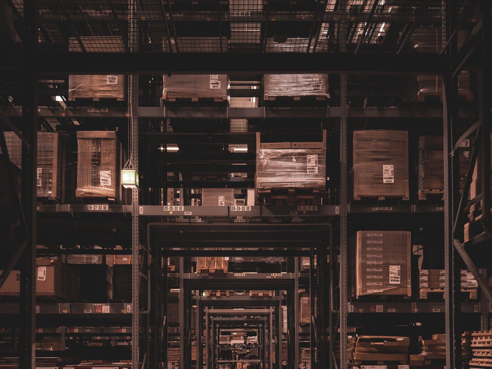 An aerial view of racking in a distribution warehouse