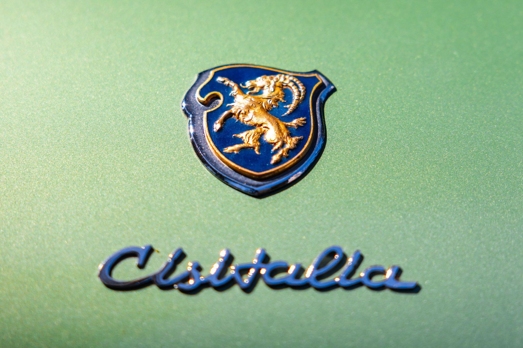An enamel crest badge on a painted panel